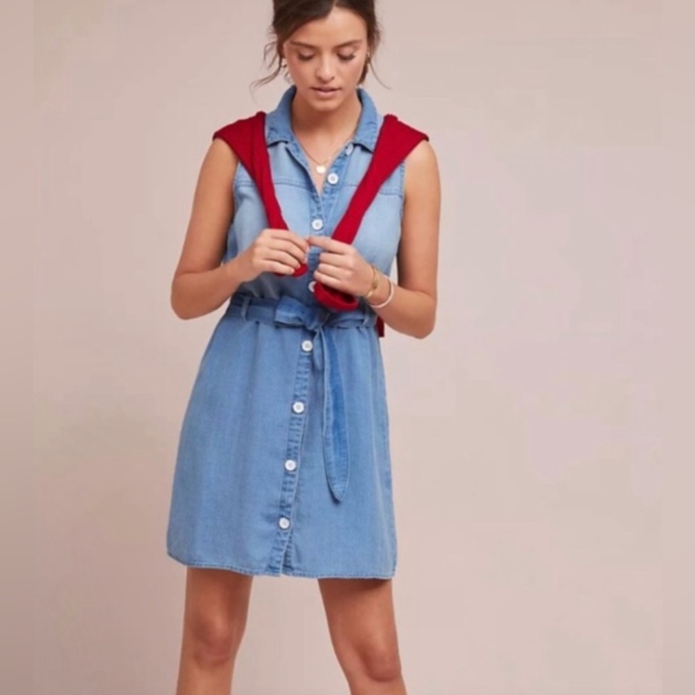 Anthropologie Cloth & Stone Belted Chambray Button Down Mini Dress